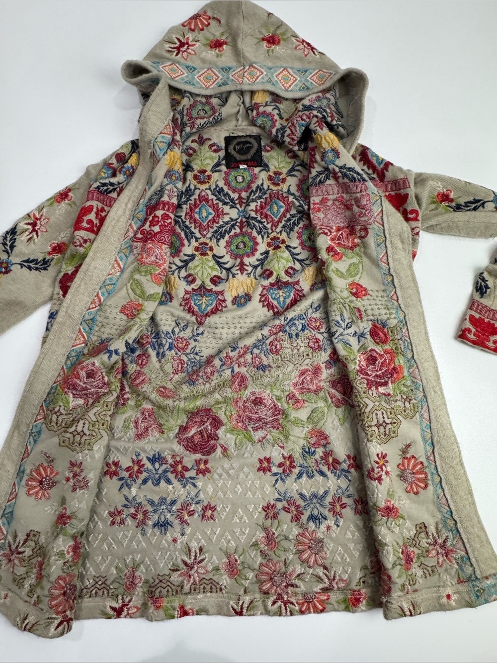 JOHNNY WAS BIYA HOODED OPEN CARDIGAN Sweater Sz S Tan Multicolor Embroidered - Picture 9 of 12